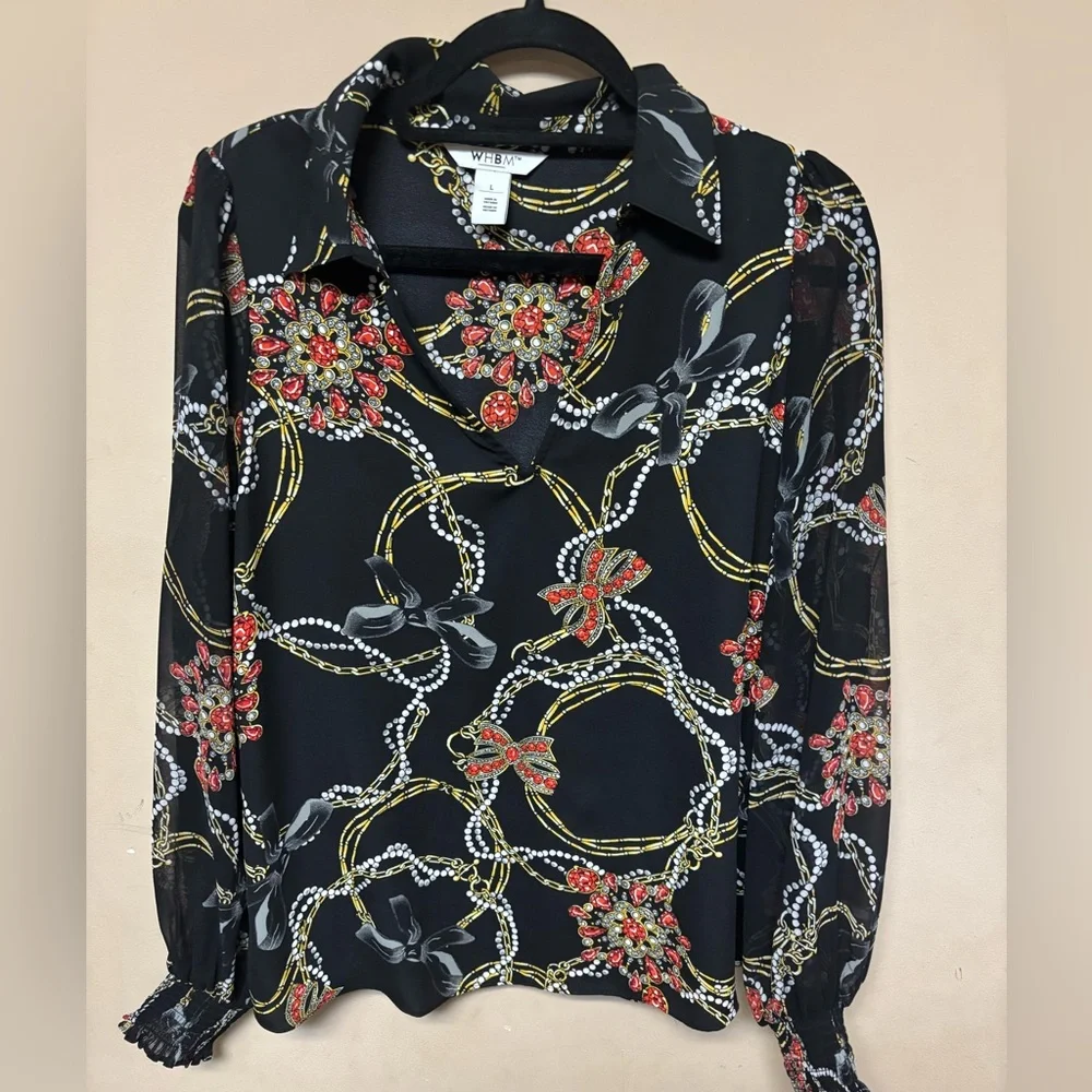 White House Black Market Black Sheer Blouse with Red Floral & Gold Chain Print - Picture 1 of 4